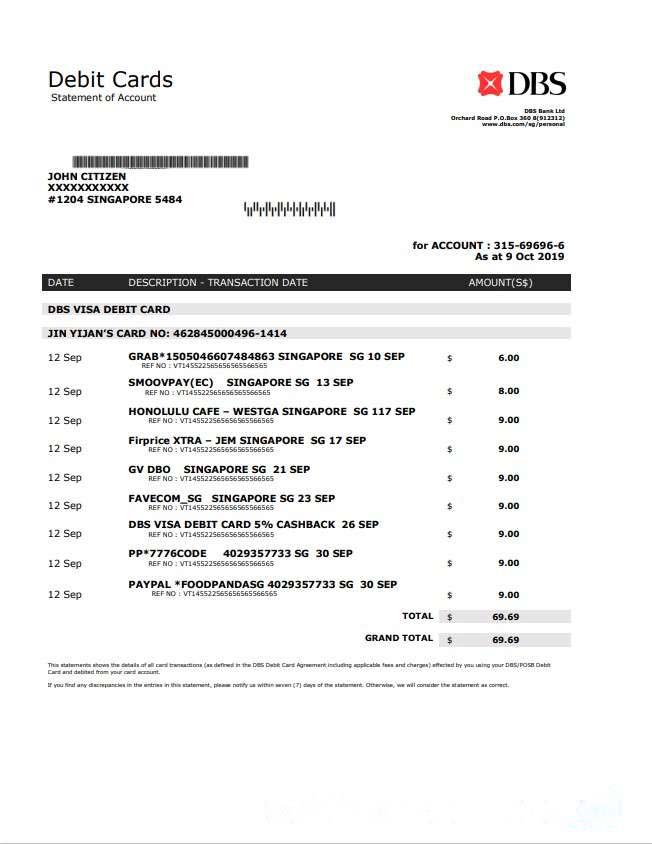 Singapore DBS bank proof of address statement template in .doc and .pdf format download template file