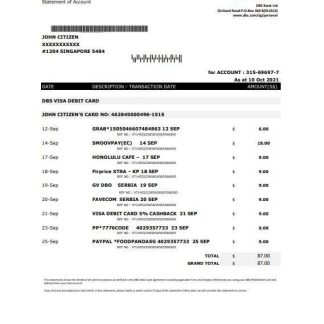 Singapore DBS bank proof of address statement template in .xls and .pdf format download template file