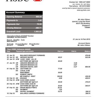 Singapore HSBC bank statement template fully editable in PSD format download template file