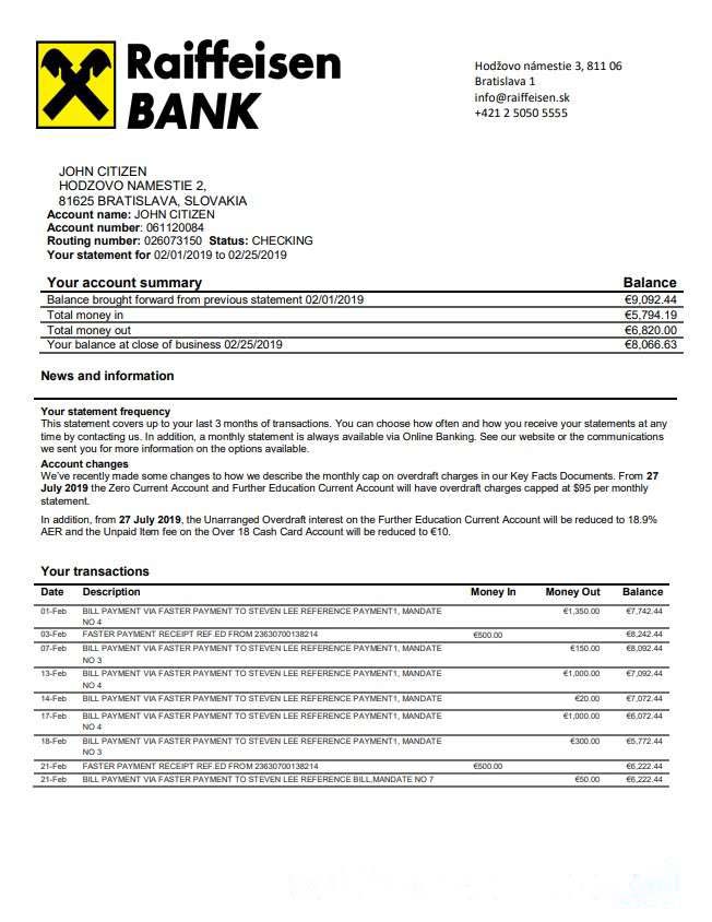 Slovakia Raiffeisen Bank statement download template file