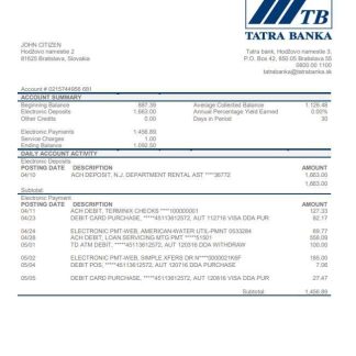 Slovakia Tatra Bank proof of address statement template in Word and PDF format download template file