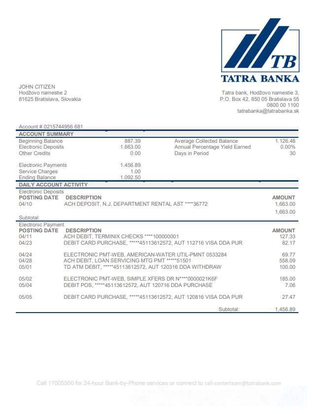 Slovakia Tatra Bank proof of address statement template in Word and PDF format download template file
