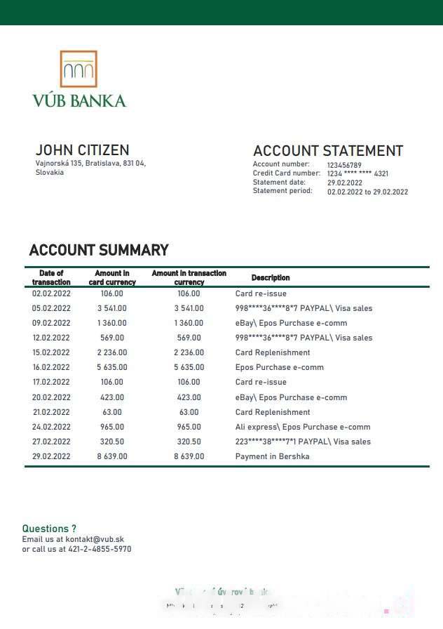 Slovakia VUB bank statement download template file