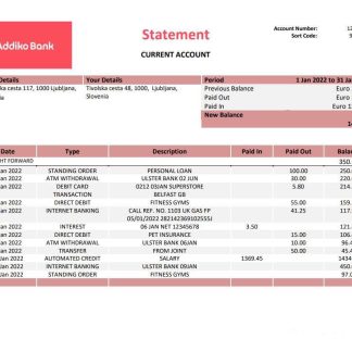 Slovenia Addiko bank statement download template file
