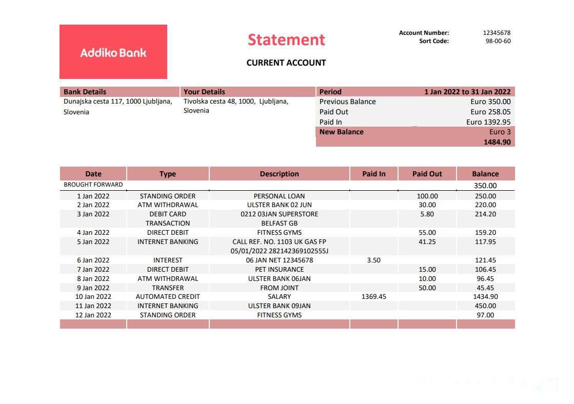 Slovenia Addiko bank statement download template file