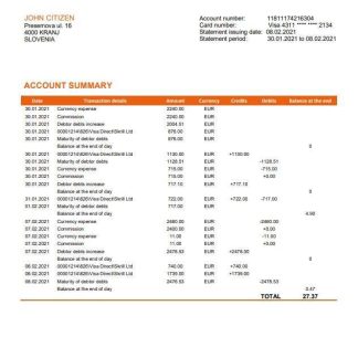 Slovenia Intesa Sanpaolo Bank, Poslovalnica Koper bank statement template in Word and PDF format download template file