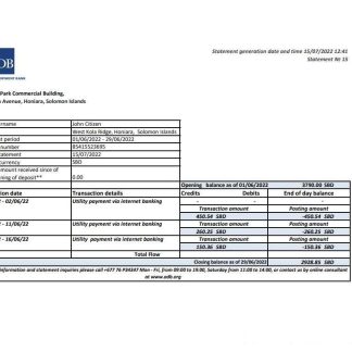 Solomon Islands ADB bank statement, Excel and PDF template download template file