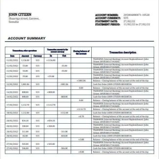 Somalia Amal bank statement template in Word and PDF format download template file