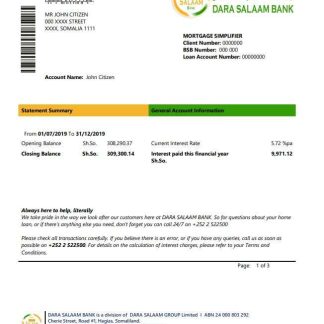 Somalia Dara Salaam Bank statement template in Word and PDF format, good for address prove download template file