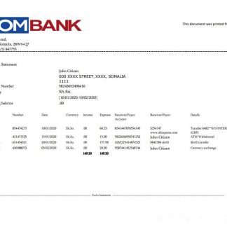 Somalia Sombank bank statement template in Word and PDF format download template file