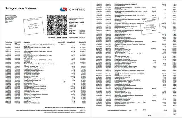 South Africa Capitec Bank account statement Word and PDF template, 2 pages download template file