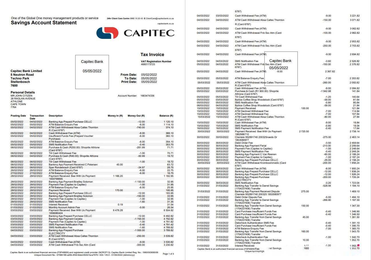 South Africa Capitec bank savings account statement 4 pages download template file