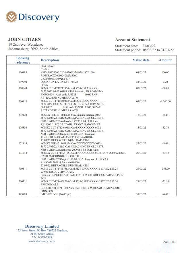 South Africa Discovery bank statement download template file