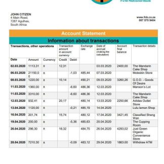 South Africa First National Bank (FNB) proof of address statement template in Word and PDF format download template file