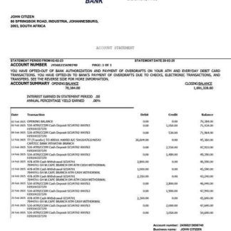 South Africa Grindrod Bank account statement Word and PDF template download template file