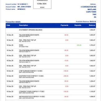 South Africa Standard Bank Rondebosch bank statement Word and PDF template download template file
