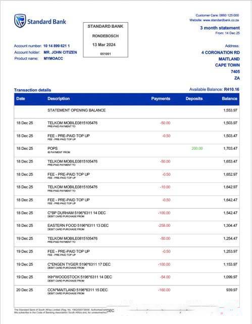 South Africa Standard Bank Rondebosch bank statement Word and PDF template download template file