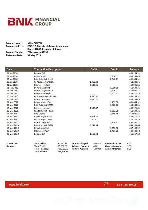 South Korea BNK bank statement template, Word and PDF format (.doc and .pdf) download template file