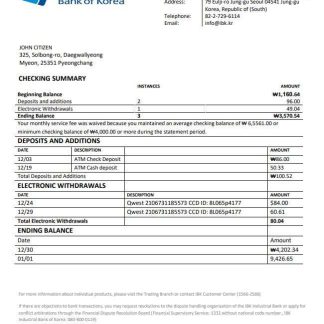 South Korea Industrial Bank of Korea bank statement template in Word and PDF format download template file