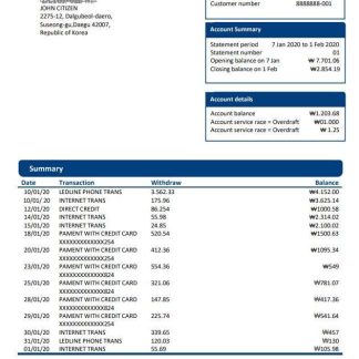 South Korea KDB bank proof of address statement template in Word and PDF format download template file