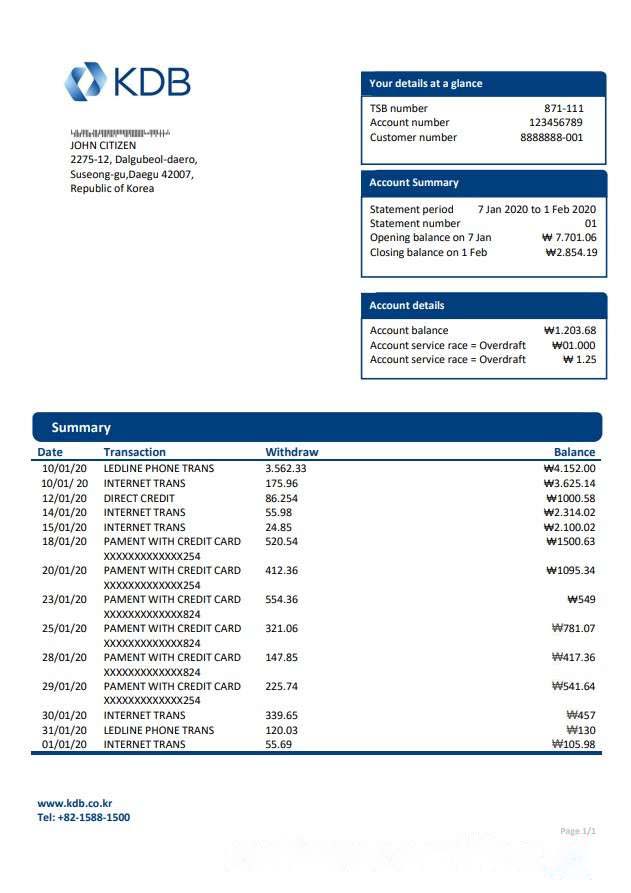 South Korea KDB bank proof of address statement template in Word and PDF format download template file