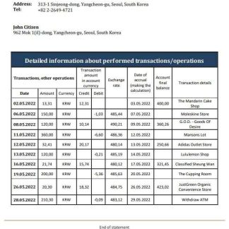 South Korea Shinhan Bank statement download template file