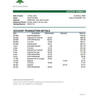 South Sudan Eden Commercial Bank statement, Excel and PDF template download template file