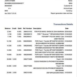 Bahrain Bank of Bahrain and Kuwait (BBT) account statement Word and PDF template download template file