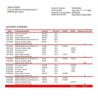 Spain Santander bank statement template in Word and PDF format, version 2 download template file