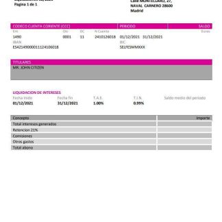 Spain Self Bank proof of address statement template in Word and PDF format, .doc and .pdf format download template file