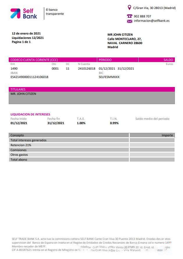 Spain Self Bank proof of address statement template in Word and PDF format, .doc and .pdf format download template file
