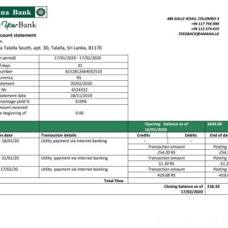 Sri Lanka Amana bank proof of address statement template in Word and PDF format download template file