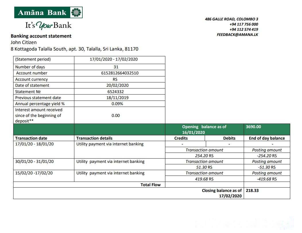 Sri Lanka Amana bank proof of address statement template in Word and PDF format download template file