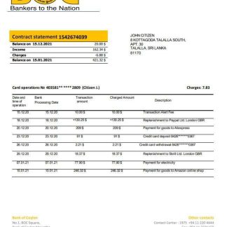 Sri Lanka Bank of Ceylon bank statement template in Word and PDF format, good for address prove download template file