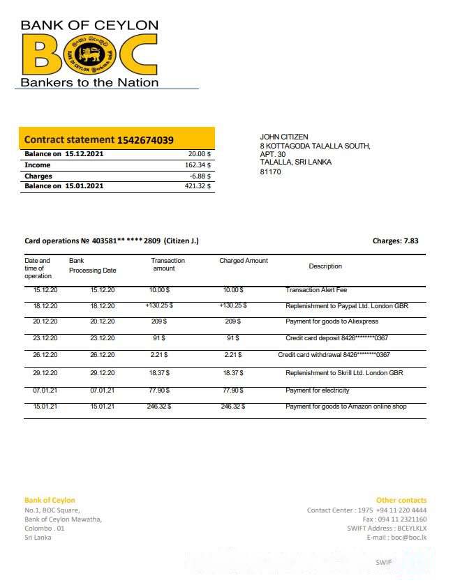 Sri Lanka Bank of Ceylon bank statement template in Word and PDF format, good for address prove download template file