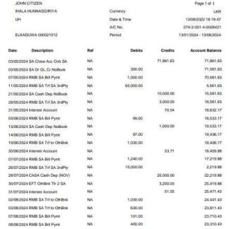 Sri Lanka People's Bank statement Word and PDF example download template file