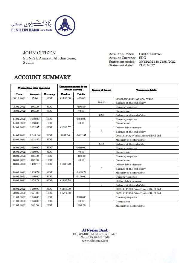 Sudan Al Neelen Bank statement download template file