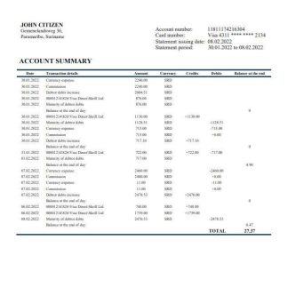 Suriname Centrale Bank Van Suriname bank statement template in Word and PDF format download template file