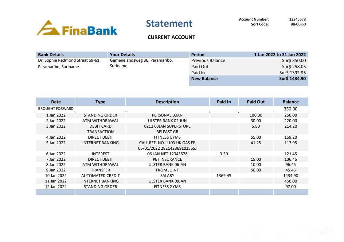 Suriname Finabank statement download template file