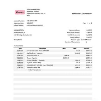 Sweden Klarna Bank statement of account Word and PDF template download template file
