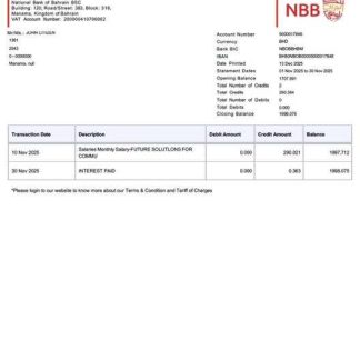 Bahrain National Bank of Bahrain account statement Word and PDF template download template file