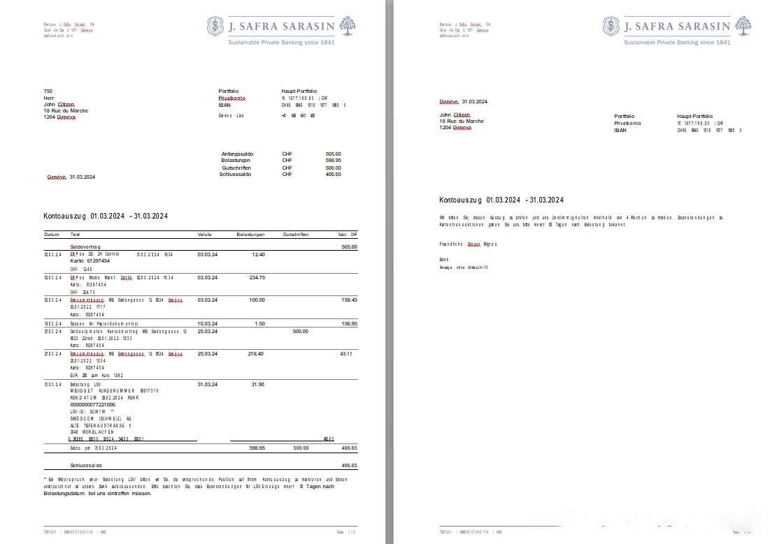 Switzerland Bank J. Safra Sarasin bank statement 2 pages Copy download template file