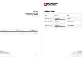 Switzerland Dukascopy Bank account statement Word and PDF template, 2 pages download template file