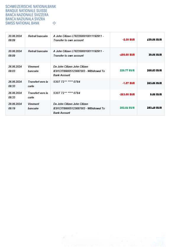 Switzerland Swiss National Bank SNB account statement, 3 pages 2 download template file
