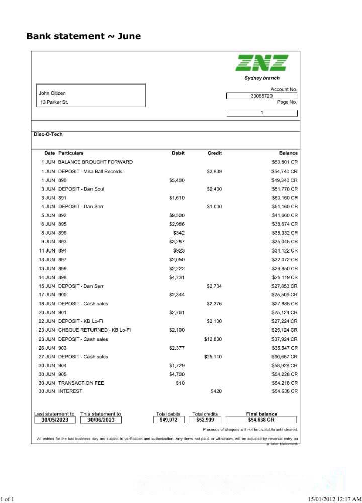Sydney ZNZ bank statement Word and PDF template scr download template file
