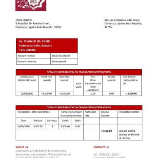 Syria Cham Bank proof of address statement template in Word and PDF format, .doc and .pdf format download template file