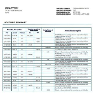 Syria Gulf Bank proof of address statement template in Word and PDF format, .doc and .pdf format download template file