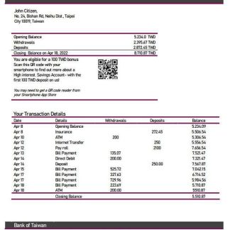 Taiwan Bank of Taiwan bank statement download template file