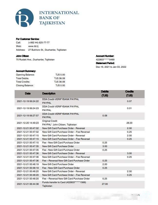 Tajikistan ITB bank statement download template file