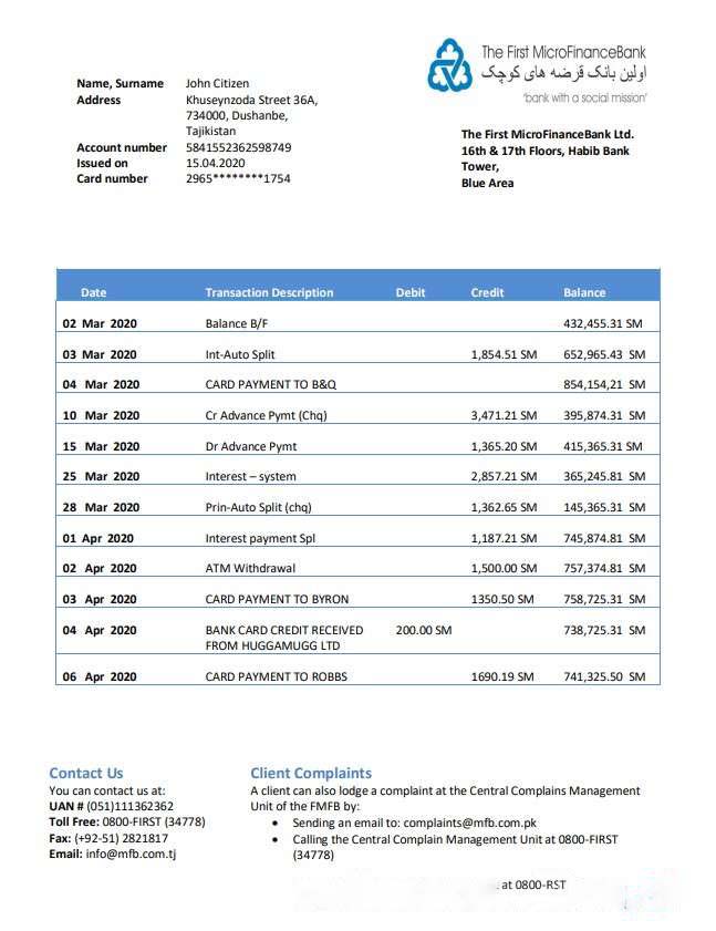 Tajikistan The First MicroFinance (FMFB) Bank statement download template file
